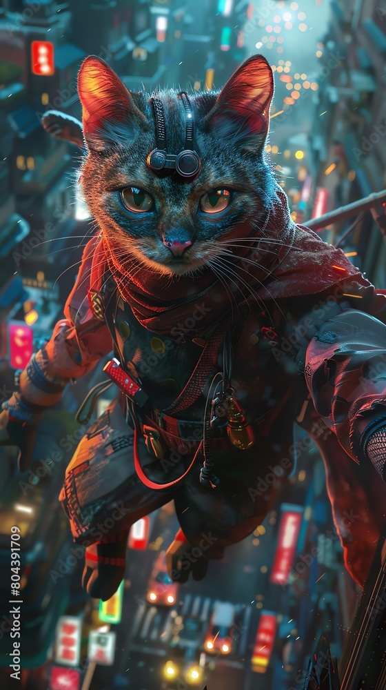 Cat warrior in midleap, adorned in vibrant ninja attire, against a 3D urban backdrop