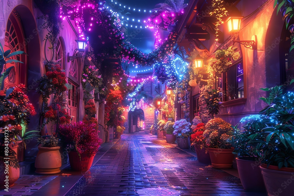 Obraz premium 3Drendered magical alley with vibrant colors, futuristic elements, suitable for an imaginative wallpaper