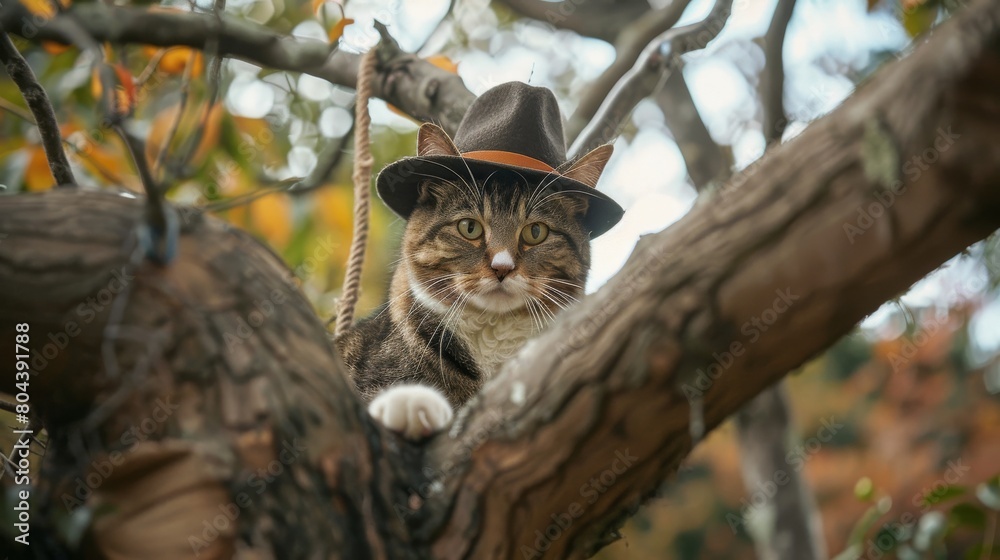 View of adorable kitten in the tree View of adorable kitten in the tree