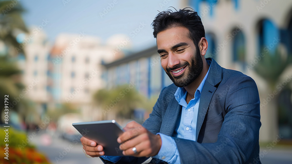 close-up of emirati middle-eastern smiley man working on tablet close-up of emirati middle-eastern smiley man working on tablet