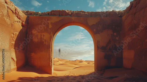 Panoramic View of Desert Landscape Through a Window  Conveying a Sense of Adventure and Exploration  in Relaxing Natural Environment - Stock Photo Concept