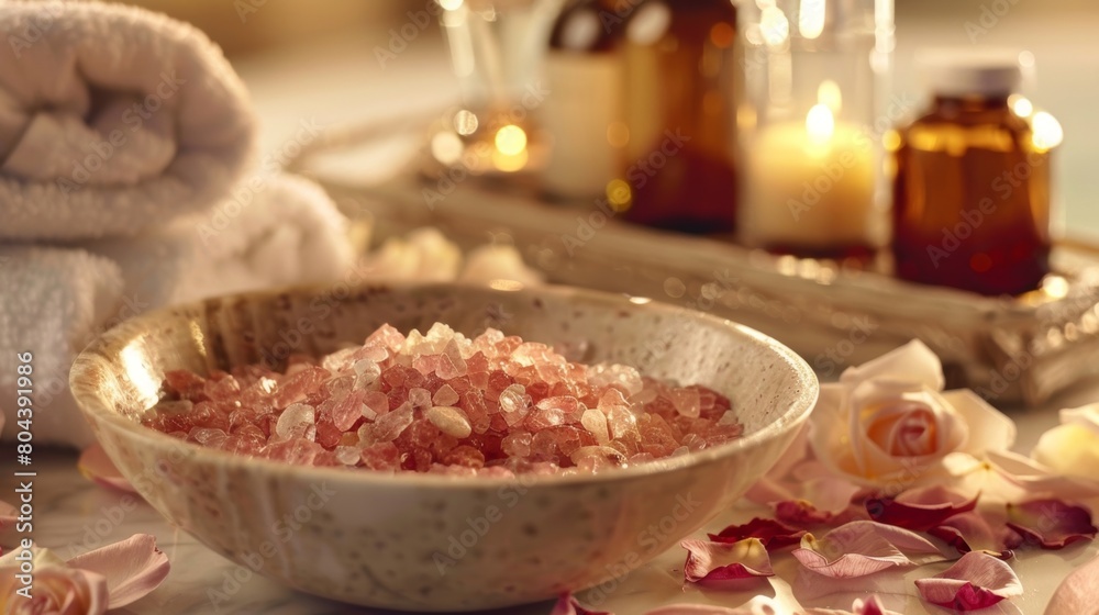 A spalike setting with a bowl of rose petals a towel and a tray of different scented bath salts and oils. A spalike setting with a bowl of rose petals a towel and a tray of different scented bath salts and oils.