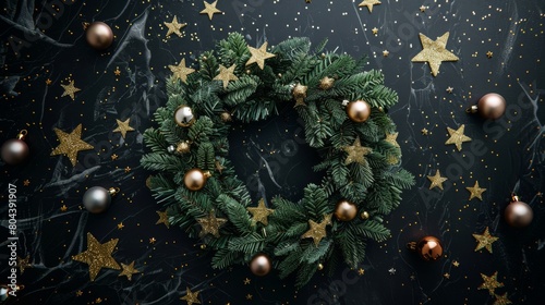 Christmas fir wreath with golden ornaments AI Generative