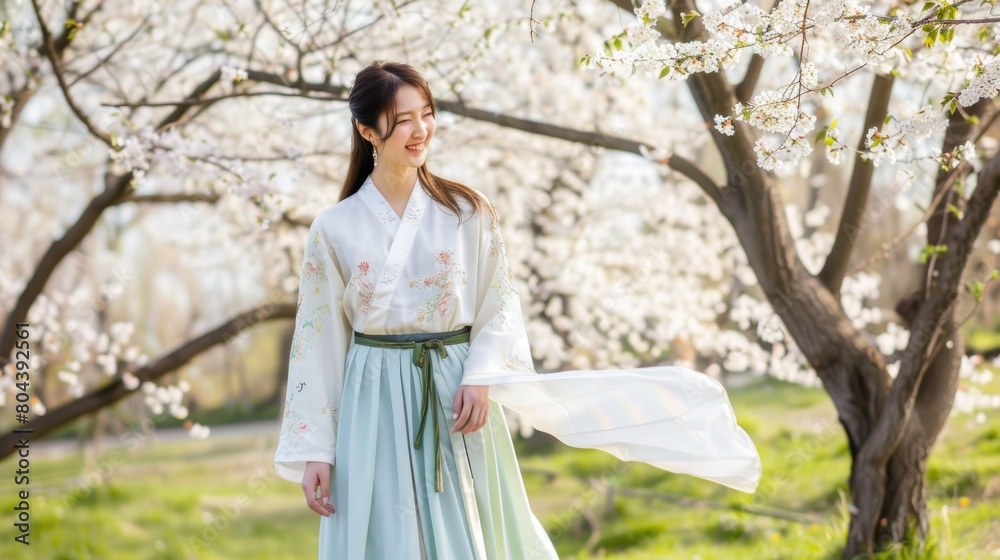 Serene Woman in Traditional Asian Attire Amidst Cherry Blossoms Serene Woman in Traditional Asian Attire Amidst Cherry Blossoms