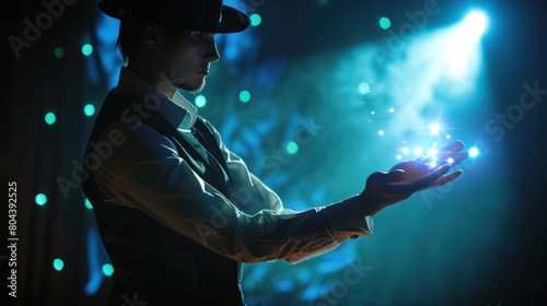 A magician or illusionist is performing magic tricks with his hands