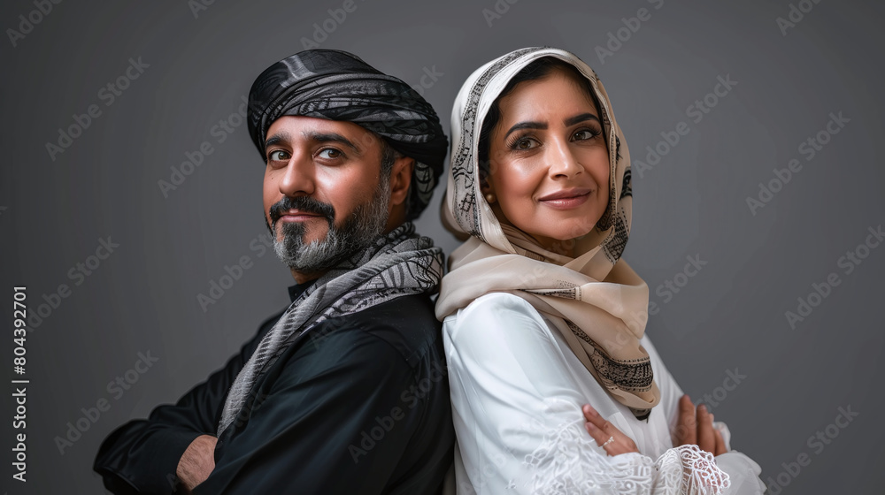 professional studio photography of Middle eastern couple portrait, traditional kandura or hijab clothing professional studio photography of Middle eastern couple portrait, traditional kandura or hijab clothing