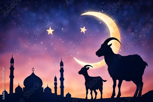 Goat silhouette against mosque. Eid Al Adha Mubarak the celebration of Muslim
