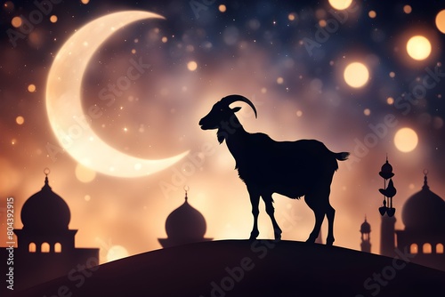 Goat silhouette against mosque. Eid Al Adha Mubarak the celebration of Muslim