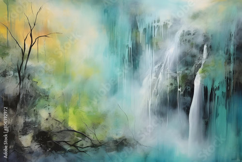 calming waterfall bordering marsh  abstract landscape art  painting background  wallpaper  generative ai