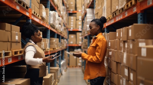 Female manager oversees loading of online orders for e commerce at logistics retailer warehouse photo