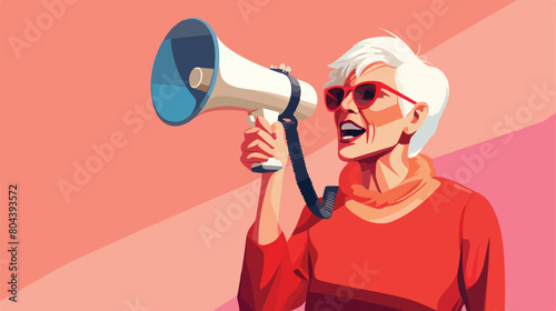 Mature woman in vest and with megaphone on color ba