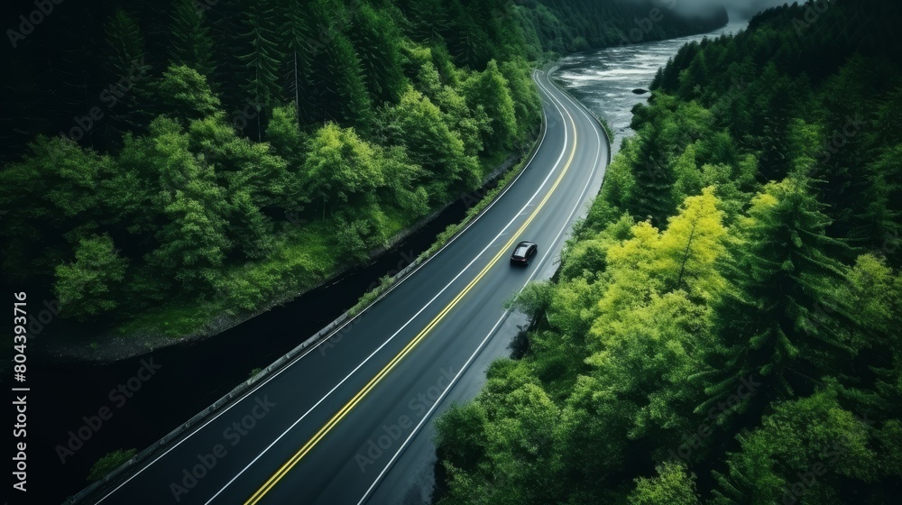 Aerial view of winding road through lush rainforest in the rainy season, showcasing natural beauty Aerial view of winding road through lush rainforest in the rainy season, showcasing natural beauty