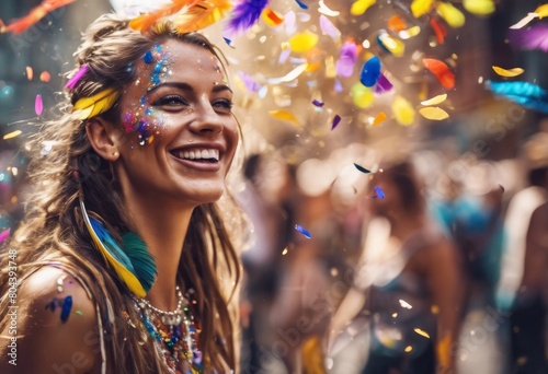 'Happy floating event tribal performer feathers carnival colorful wearing bokeh street woman background. confetti dancer amerindian indian cherokee parade headdress trib'