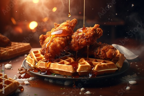 Fried chicken with waffle and spicy Sauce photo