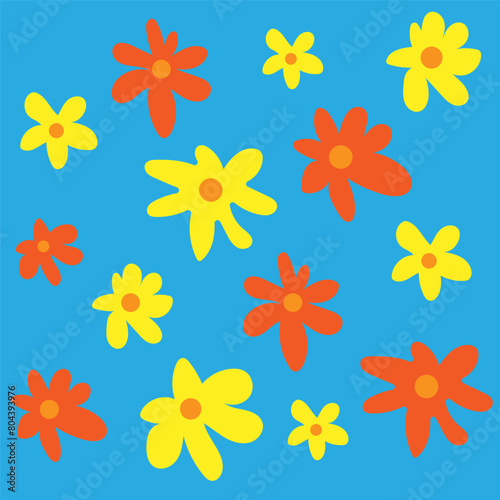 Bright seamless pattern with daisies. Minimalistic texture with yellow and orange chamomile buds on a blue background. Print for decoration and printing.