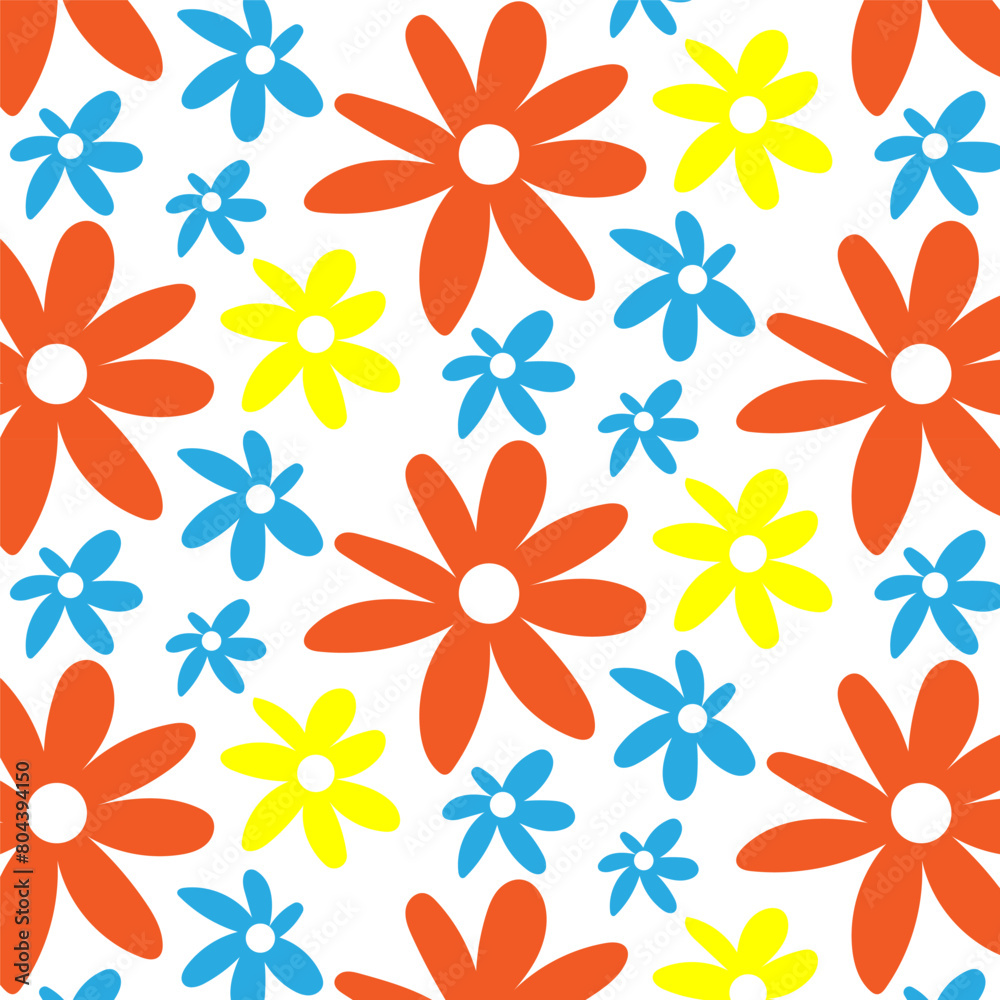Fototapeta premium Bright seamless pattern with daisies. Minimalistic texture with yellow, orange and blue chamomile buds on a white background. Print for decoration and printing.