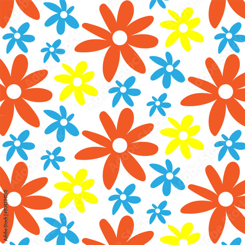 Bright seamless pattern with daisies. Minimalistic texture with yellow  orange and blue chamomile buds on a white background. Print for decoration and printing.