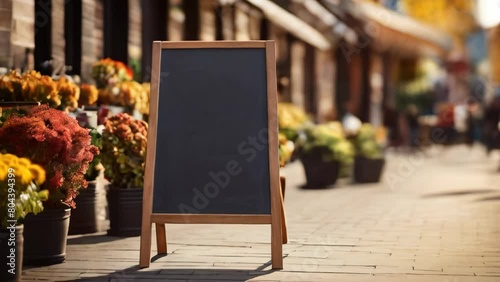 Signboard on the street. Empty menu board stand. Restaurant sidewalk chalkboard sign board. Freestanding A-frame blackboard near flower shop ur cafe. Copyspace for text, selective focus photo