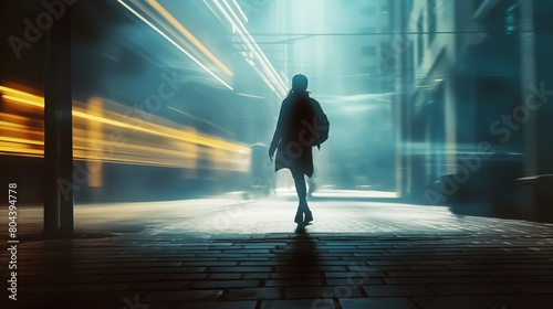 Abstract teenager silhouette in motion walking through urban city street with light beams and shadow, Personal Growth Concept with Ambitious kid in a Modern Environment