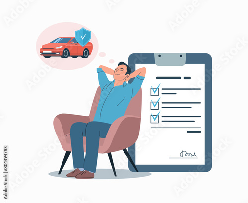  Car insurance concept. A man sits in a chair in a relaxed position and thinks about the security of the car. Vector illustration.