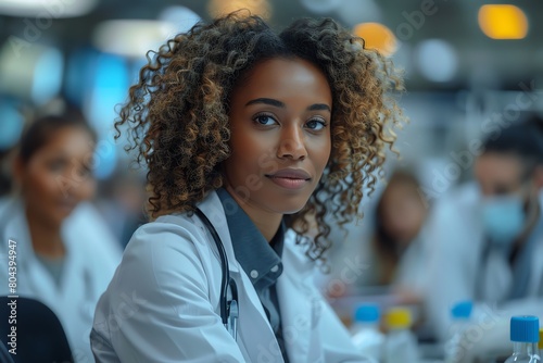 Healthcare executives in a board meeting discussing over medical reports, charts, and digital devices, clinical yet inviting atmosphere, diverse team in lab coats and business attire, seriousness and photo