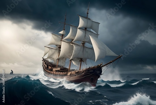 Vintage 18s ship in the ocean oil painting sails navigating the sea. Adventure concept.