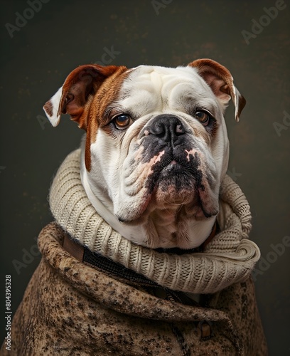 portrait of a dog in a sweater, anthropomorphic, wool scarf, funny and cute photo of a pet