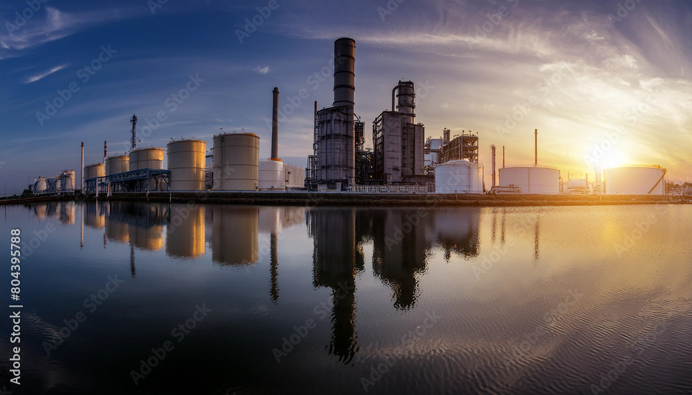 An oil, gas power plant refinery with storage tanks facility for oil production or petrochemical factory infrastructure, on the water. Sunset behind the industrial complex.