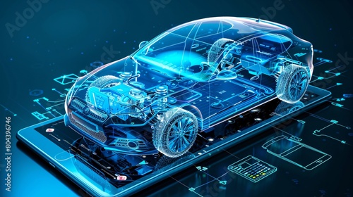 Application for a digital tablet for wireless diagnostics and analysis of the technical condition of the electric motor in the car and the state of the battery. Car model shown in 3D projection  photo