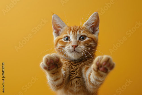 Cute orange cat jumping in the air, yellow background. Created with Ai © zee