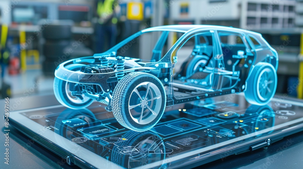 Fototapeta premium Application for a digital tablet for wireless diagnostics and analysis of the technical condition of the electric motor in the car and the state of the battery. Car model shown in 3D projection 