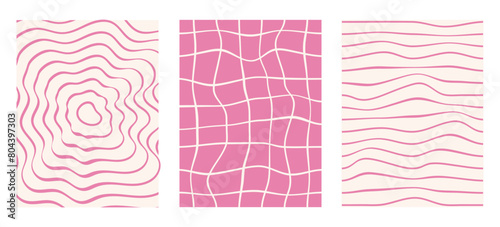 Y2k aesthetic. Retro 1970s backgrounds. Set of posters with retro style with lines, waves, distorted cells. 90s, 2000s