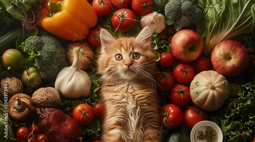 Illustrate your cat foods appeal with a detailed artistic aerial scene showing a delighted cat surrounded by a diverse array of fresh photo