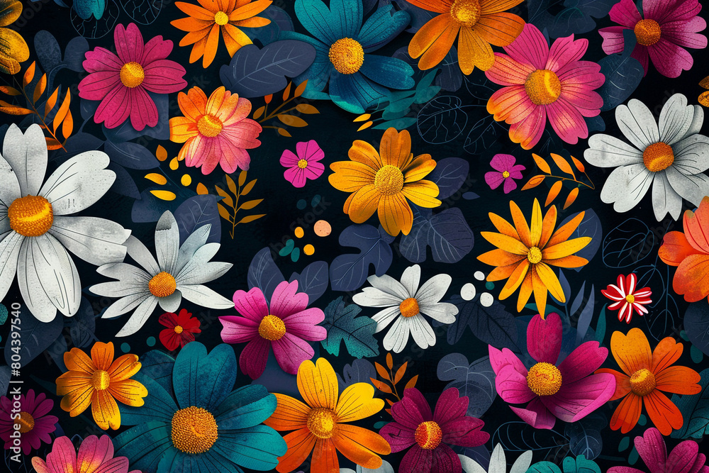 A whimsical background with an oversized floral pattern in bright and bold colors against a dark, dramatic backdrop. A whimsical background with an oversized floral pattern in bright and bold colors against a dark, dramatic backdrop.