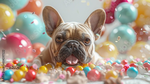 Render a whimsical French Bulldog munching on a colorful array of treats in a vibrant and lively digital art format © Navaporn