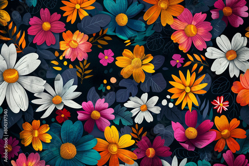 A whimsical background with an oversized floral pattern in bright and bold colors against a dark  dramatic backdrop.