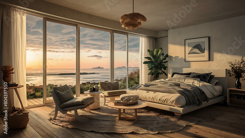 Stylish spacious living room with large panoramic windows