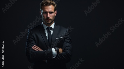 Posture of a successful businessman, his folded hands on a black background