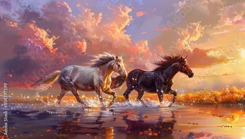 Three horses running in the water  with a beautiful sky and pink clouds in the background.