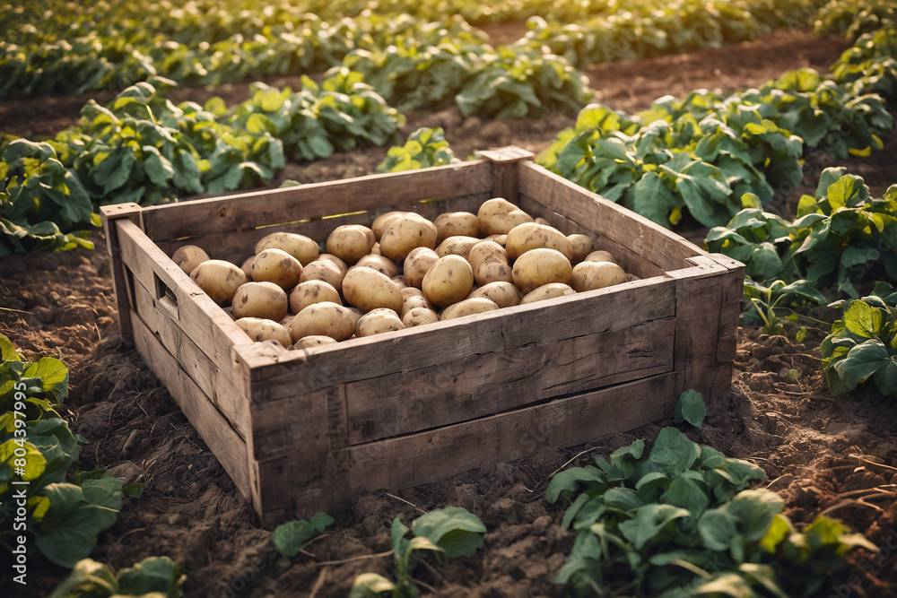 Fresh eco potatoes in an old wooden box. A pile of potatoes lies in a box against the background of a field. Organic, local, seasonal vegetables and harvest concept. Fresh eco potatoes in an old wooden box. A pile of potatoes lies in a box against the background of a field. Organic, local, seasonal vegetables and harvest concept.