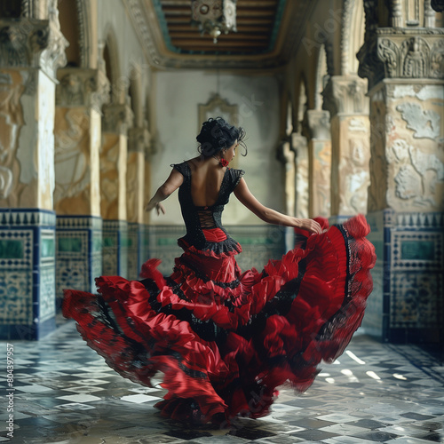 Elegant Flamenco Dancer in Traditional Dress Performing in Historic Spanish Building