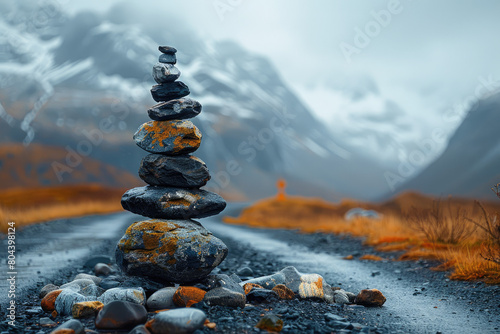 Photo of a balanced cairn on the side of an icy road leading to snowcapped mountains. Created with Ai
