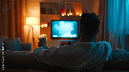 Man sitting on a couch, enjoying popcorn and watching TV in the comfort of his home