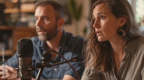 Man and woman wearing shirts, seated in front of microphones, engrossed in a podcast interview