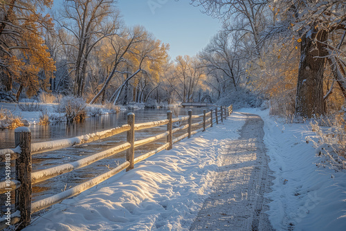 Photo of snow covered trail with wooden fence and bridge over stream. Created with Ai