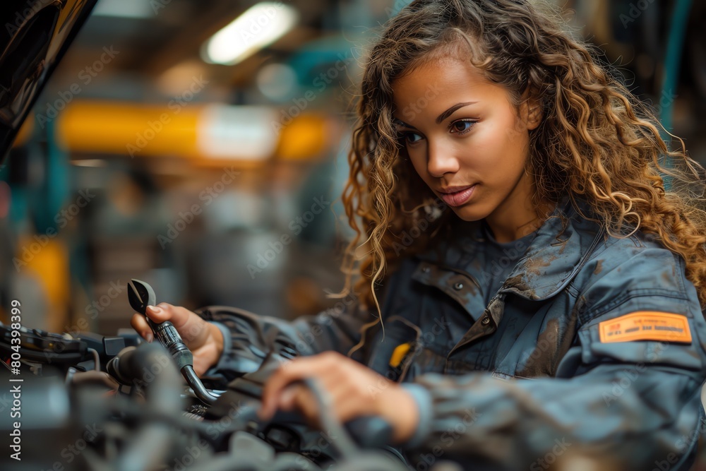 Female mechanic working under hood of a hybrid car, garage setting with tools and car parts, confident posture, wearing a jumpsuit and holding a wrench