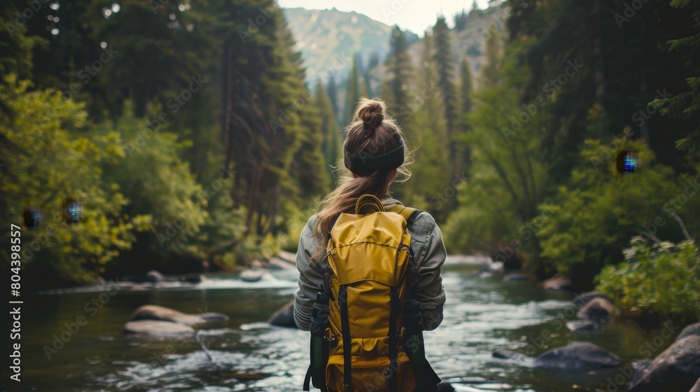 Outdoor adventure exploration, hiking trails, camping trips and nature escapes. Girl with a backpack