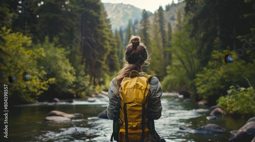 Outdoor adventure exploration, hiking trails, camping trips and nature escapes. Girl with a backpack