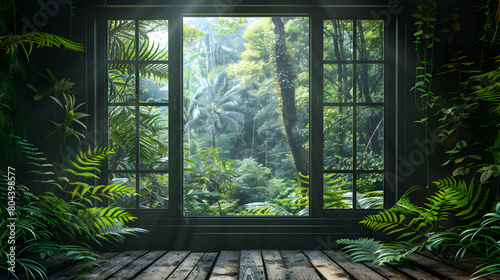 Tranquil Forest Window View  Ideal for Eco Tourism and Nature Retreats in Relaxation Area - Stock Concept