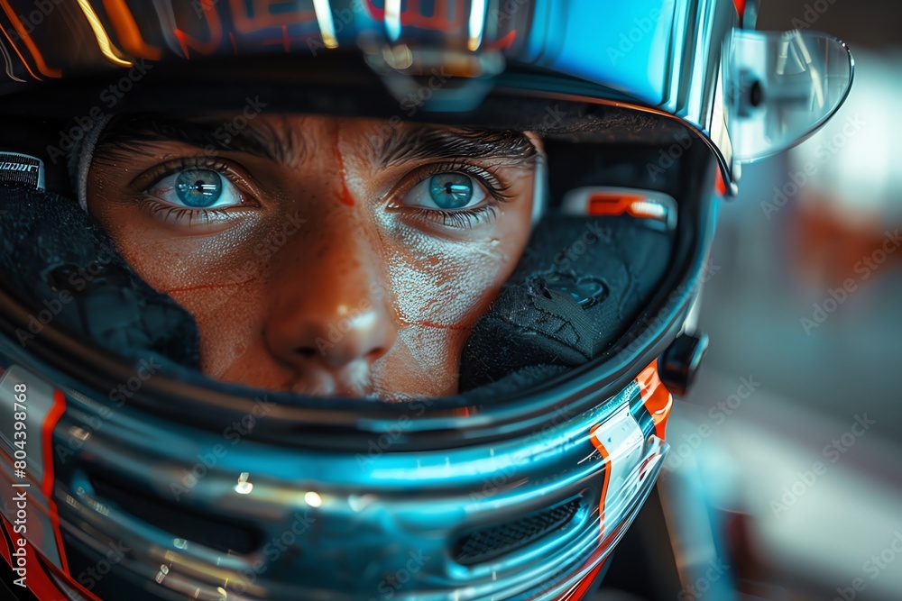 Professional race car driver preparing for a race, sitting in a race car, racetrack background, wearing helmet and racing suit, intense focus Professional race car driver preparing for a race, sitting in a race car, racetrack background, wearing helmet and racing suit, intense focus
